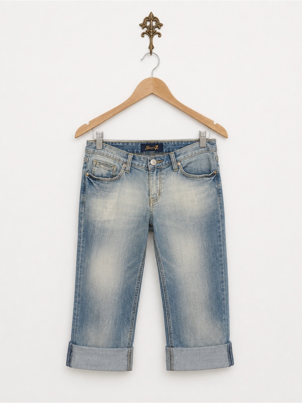 Seven 7 blue cropped cuff capri distressed bleached destroyed jeans 6